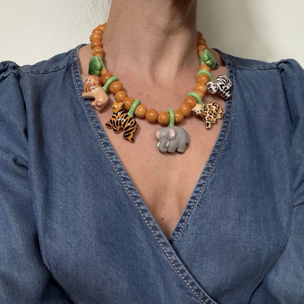 1981 FLYING COLORS Safari Animal Ceramic Necklace Jungle Maximalist Statement - Picture 5 of 14